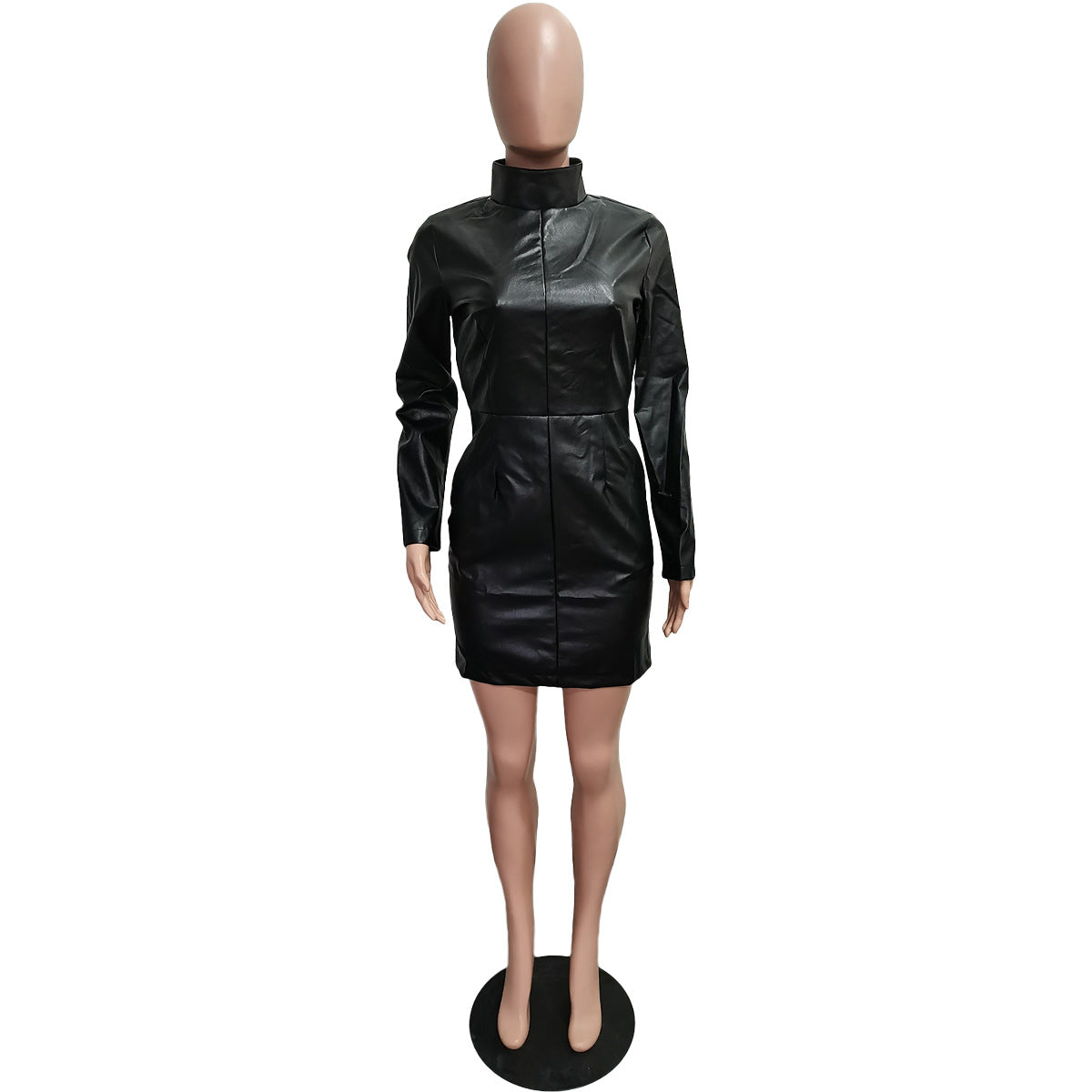 Women Clothing Spring Solid Color Faux Leather Long Sleeve Pocket Zipper Dress