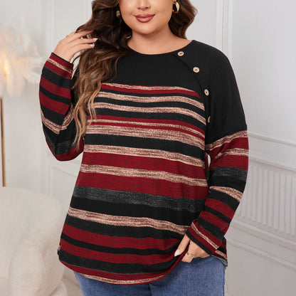 Plus Size Striped Long Sleeved Shirt Women Popular Round Neck Shirt Plump Girls Loose Top