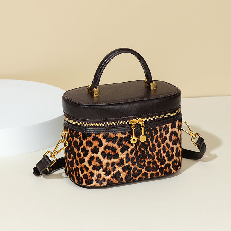 Special Interest Design Leopard Print Black Leather Portable Cosmetic Bag Portable Classic Real Horse Hair Small Square Bag