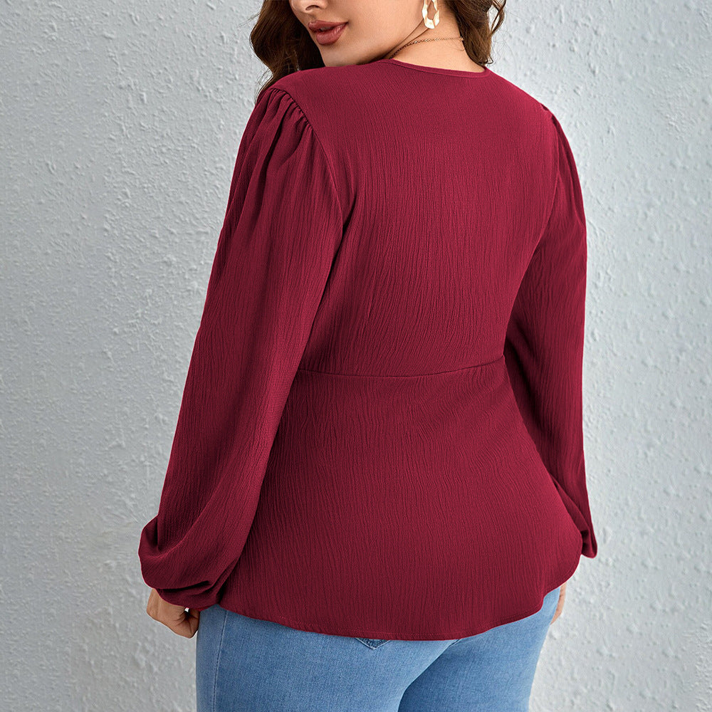 Plus Size Women Clothing Adult Lady like Woman Lady V neck T shirt Autumn Winter Younger Wine Red Top