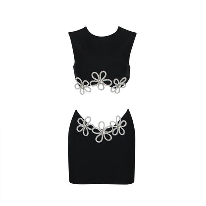 Autumn Winter Sexy Hollow Out Cutout Sleeveless Rhinestone Top Short Skirt Set Bandage Women