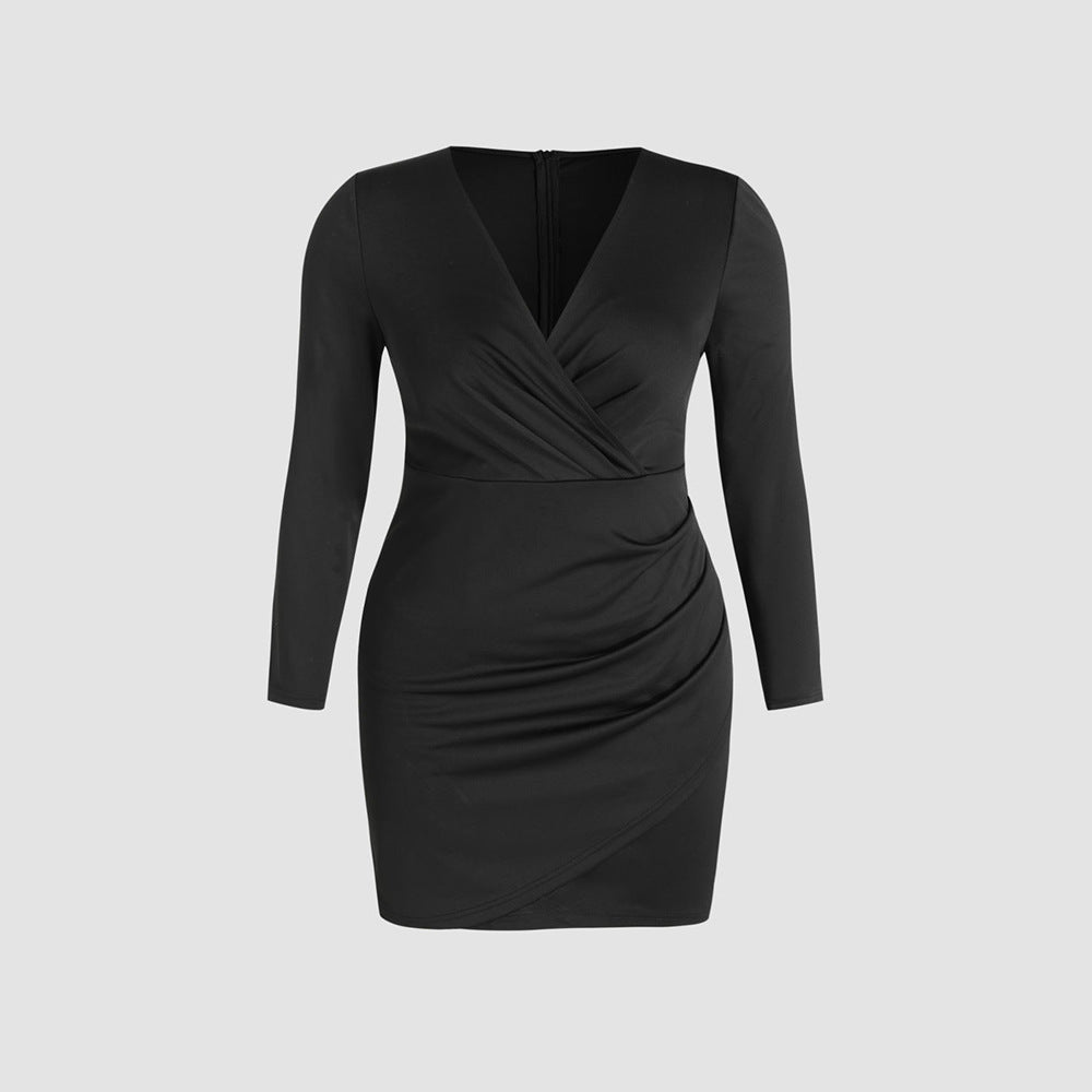 Plus Size Autumn Winter Women Clothing French V neck Dress High Waist Long Sleeves Hip Dress