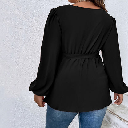 Plus Size Women Clothes V neck Lantern Sleeve T shirt Autumn Winter Elegant Slim Top