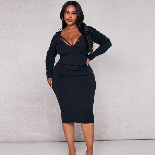 plus Size Women Clothing Elegant Dress Autumn Winter High Waist Mid Length Hip Dresses