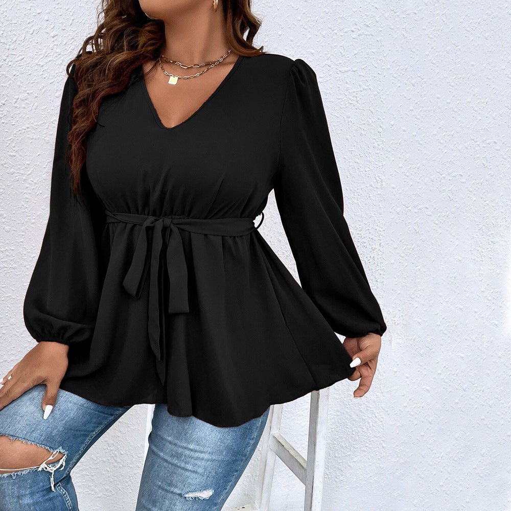 Plus Size Women Clothes V neck Lantern Sleeve T shirt Autumn Winter Elegant Slim Top