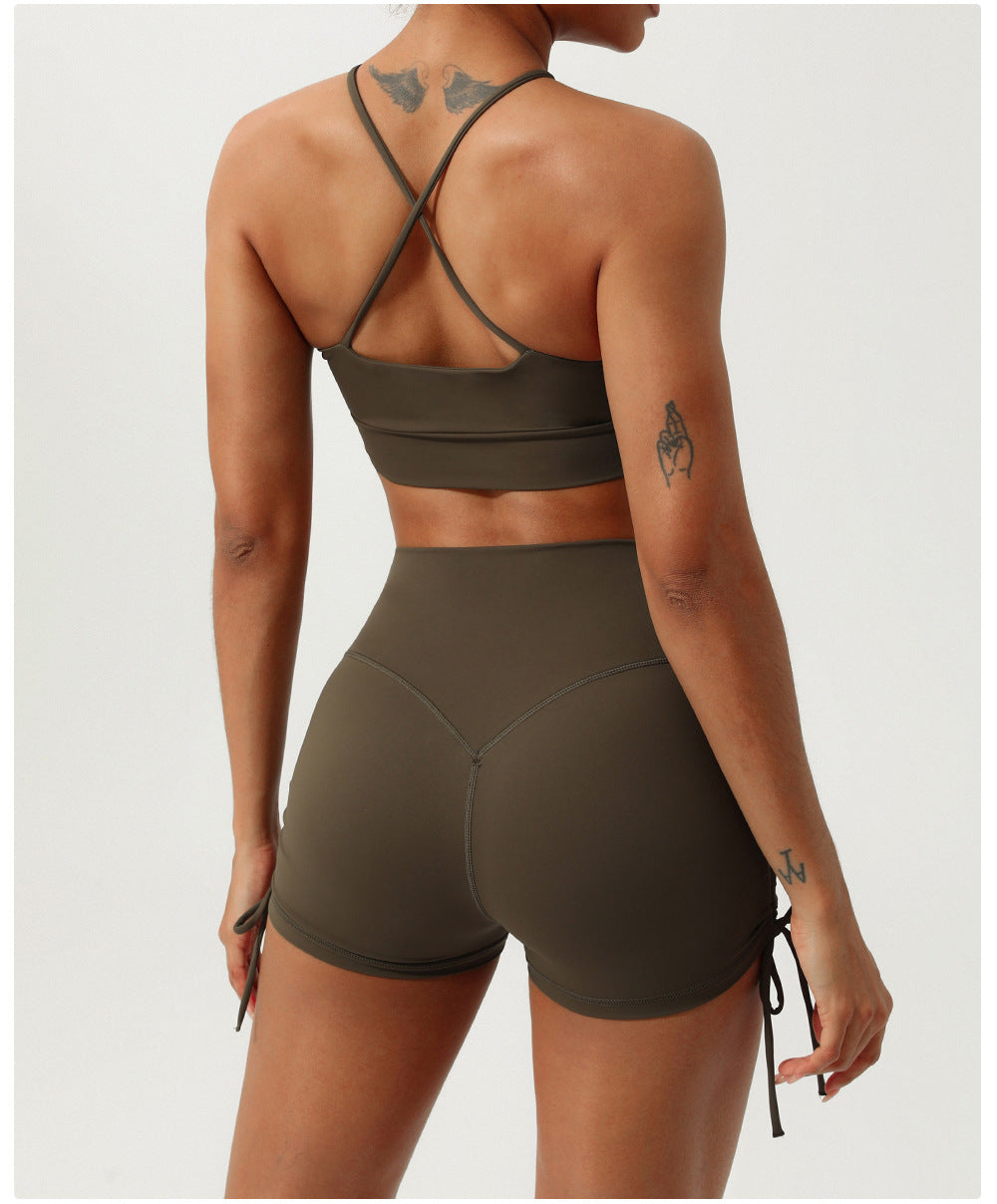 Spring Summer Nude Feel Quick Drying Yoga Suit Hollow Out Cutout Thin Strap Beauty Back Workout Clothes Drawstring Hip Lifting Sport Shorts