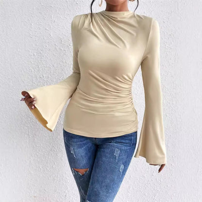 Autumn Winter Pleating Bell Sleeve Stand up Collar Slim Fit T shirt