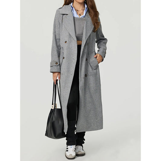 Women Wear Double Breasted Long Woolen Coat Outerwear