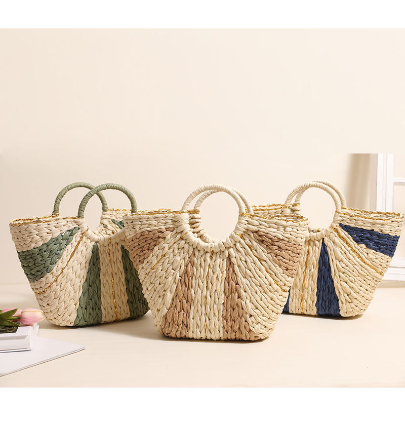 Golden Silk Thread Portable Straw Weaved Bag Large Capacity Tote Vegetable Basket Bag Vacation Beach Bag Hand Carrying Woven Bag