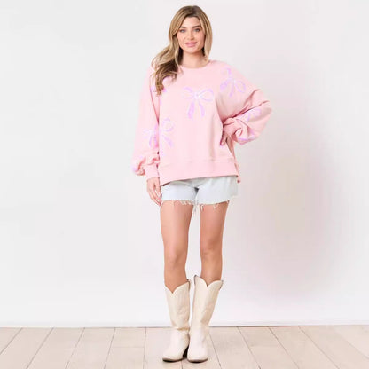 Fresh Sweet Loose Pullover Bow Ribbon Sequined round Neck Sweatshirt for Women