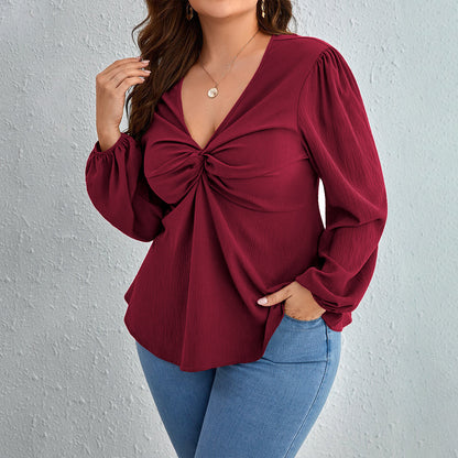 Plus Size Women Clothing Adult Lady like Woman Lady V neck T shirt Autumn Winter Younger Wine Red Top