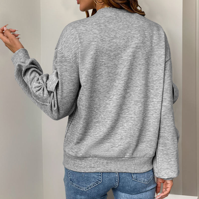 Casual Autumn Bow Stitching Gray round Collar Sweatshirt