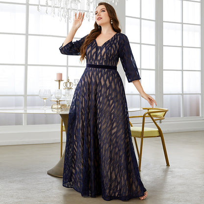 Evening Dress plus Size V neck Lace Embroidered Mid Long Sleeve Big Hem Elegant Dance Dress Party Dress Summer