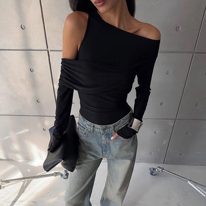 Women Clothing Autumn Irregular Asymmetric with Personality Oblique Shoulder Pleated Slim T shirt Top