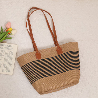 Striped Shoulder Straw Bag Woven Bag Summer Large Capacity Casual All Match Women Seaside Beach Rattan Woven Bag