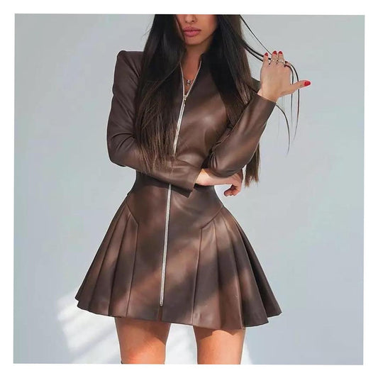 Women Fashionable Fitted Long Sleeve Pleated Faux Leather Zipper Dress