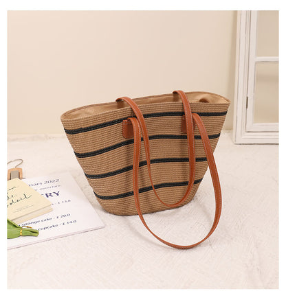 Striped Shoulder Straw Bag Woven Bag Summer Large Capacity Casual All Match Women Seaside Beach Rattan Woven Bag