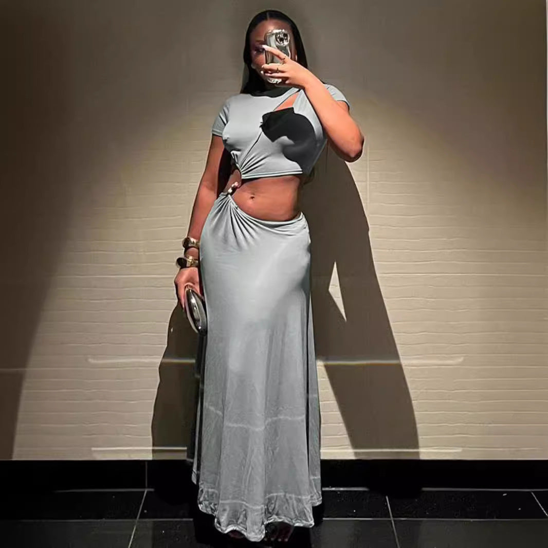 Women Clothing Summer Chest Slit Beaded Cropped Short Sleeve Maxi Skirt Set