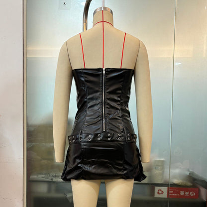 Women Clothing Faux Leather Dress Sexy Sexy Leather Coat Tube Top Short Dress