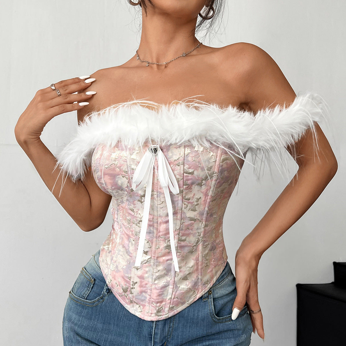 Autumn Winter Women Clothing Christmas Stitching Wool Tops off Shoulder Tube Top Corset Boning Corset Diamond Vest