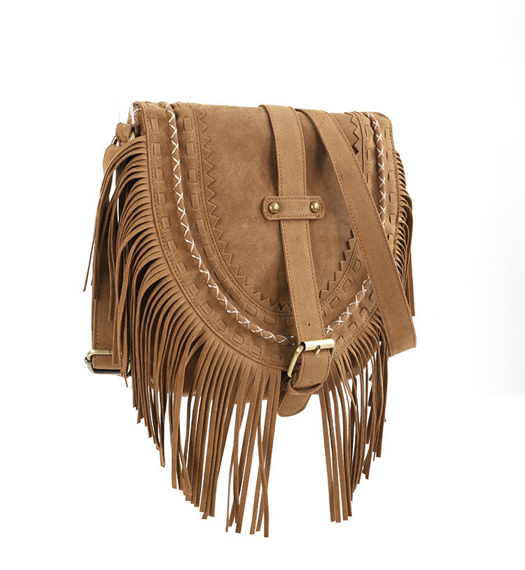 Double Sided Suede Handmade Large Capacity Tassel Bag Women Retro Khaki Ethnic Messenger Bag