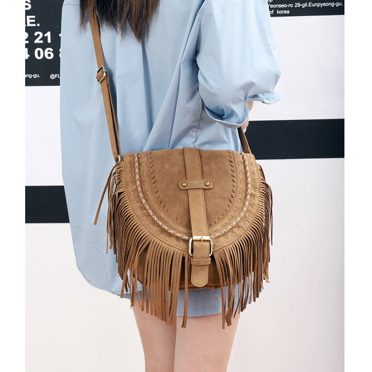 Double Sided Suede Handmade Large Capacity Tassel Bag Women Retro Khaki Ethnic Messenger Bag