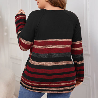 Plus Size Striped Long Sleeved Shirt Women Popular Round Neck Shirt Plump Girls Loose Top