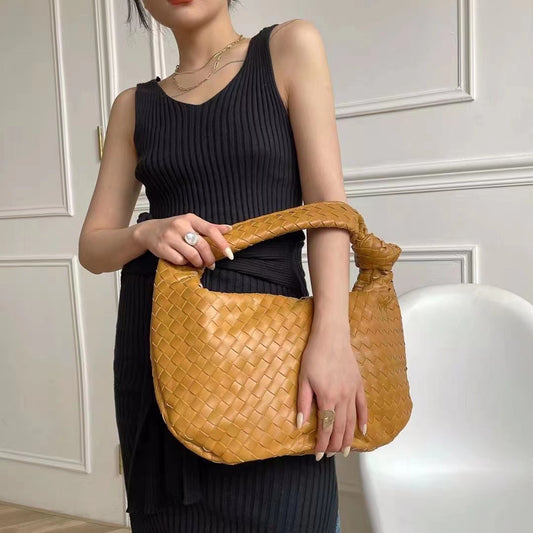 High Sense Woven Bag Women Large Capacity Handmade Croissant Knotted Bag One Shoulder Bag