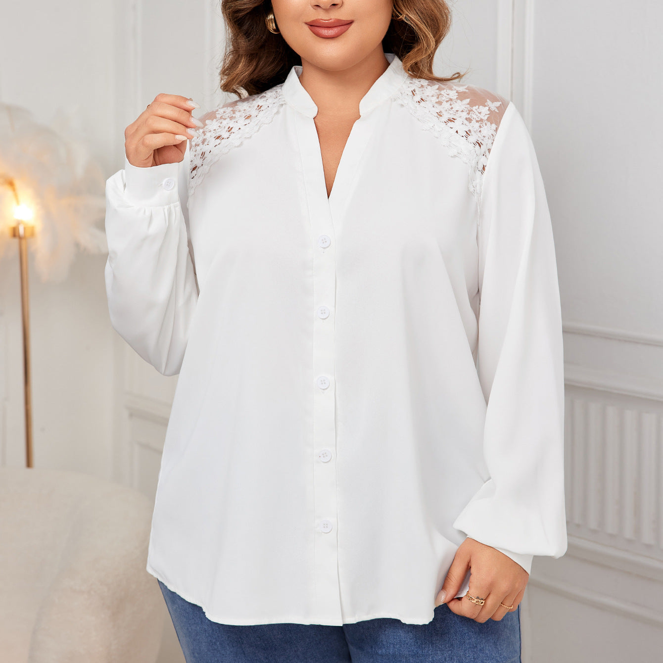 V Neck Lace Stitching Shirt Autumn Long Sleeve White Top