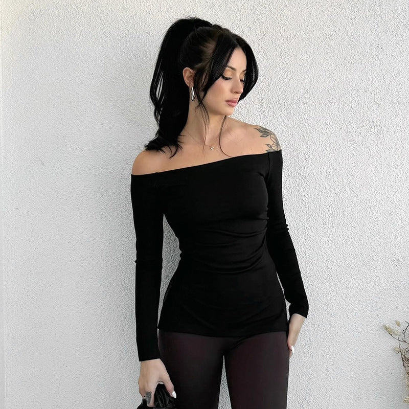 Off Shoulder Solid Color Pleated Slim Fit Slimming T shirt Top Women