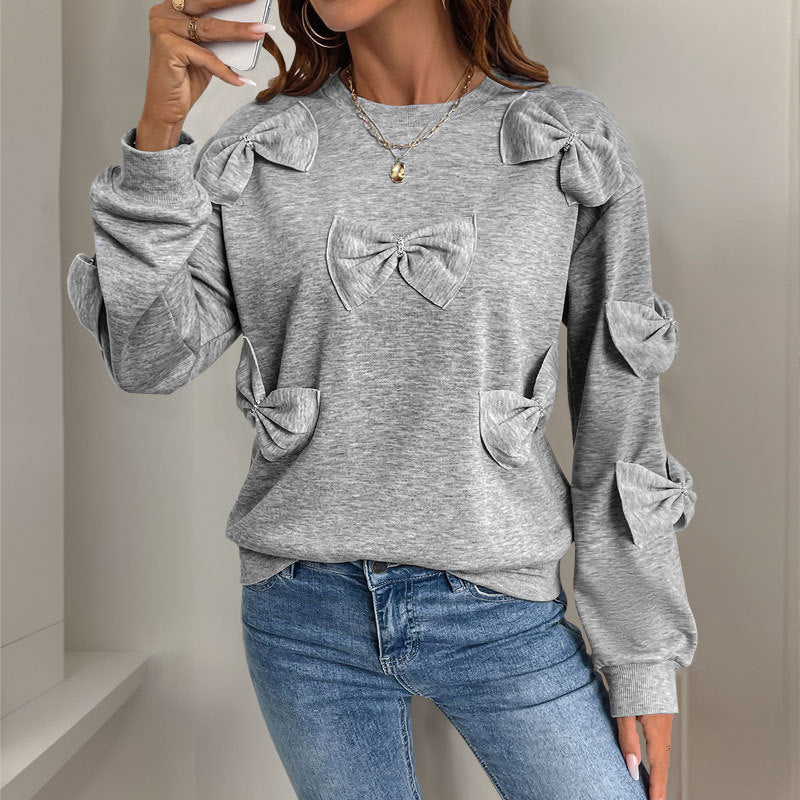 Casual Autumn Bow Stitching Gray round Collar Sweatshirt