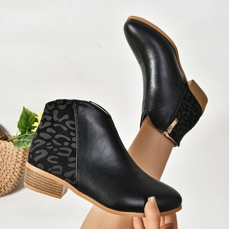 Pointed Toe Chunky Heel Martin Boots Women V Cut Leather Booties