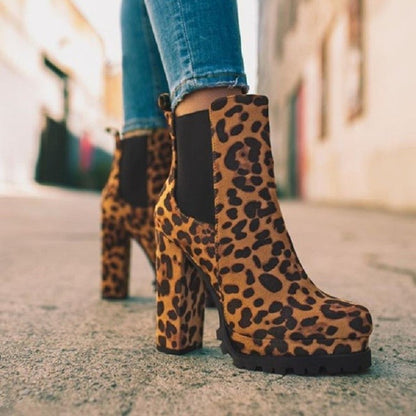 Round Head Leopard Print Chunky Heel Short Knight Boots Women High Heel Elastic Band Sleeve Suede Boots