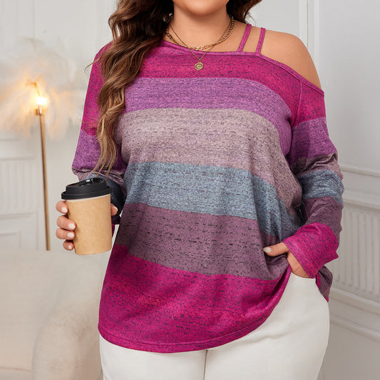 Plus Size Off Shoulder Loose Long Sleeve Shirt Diagonal Collar Color Matching Top Shirt