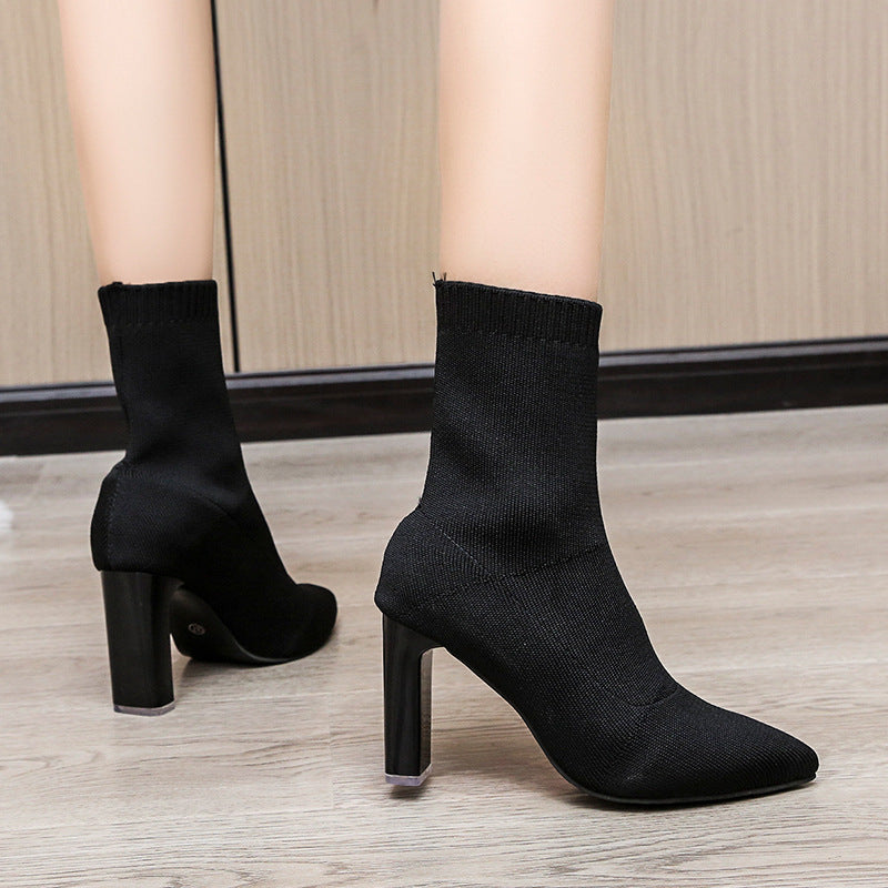 Pointed Flying Woven Stretch Thin Boots Women Fall High Heel Mid Calf Short Boots