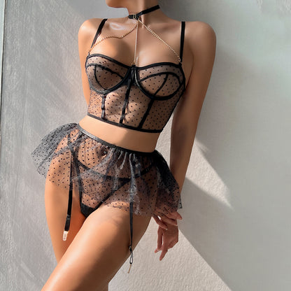 Polka Dot Sexy Lingerie Three Piece Sets Close Fitting Sexy Chain Strap Steel Ring See through Women Underwear