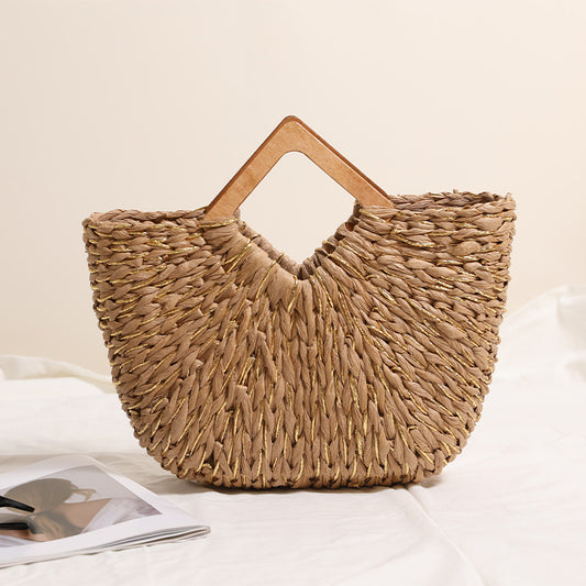 Diamond Shaped Wooden Hand Held Semicircle Straw Bag Gold Silk Mixed Hand Held Woven Bag Vacation Beach Bag Women Bag