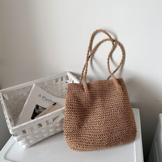 One Shoulder Large Capacity Straw Bag Portable Simplicity Casual Straw Bag Woven Bag Seaside Vacation Beach Bag Rattan Weave Bag Women