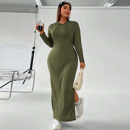 Plus Size Women Clothing Hooded Dress Autumn Winter Simplicity Skinny Sheath Maxi Dress