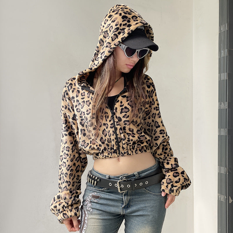 Autumn Winter Wild Girl Leopard Print Polar Fleece Thermal Hooded Sweatshirt Sexy Personality Waist Short Coat