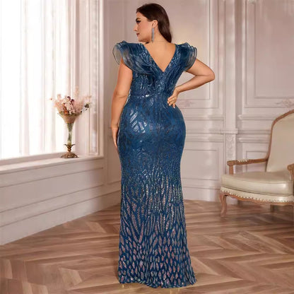 Plus Size Clothes Deep V Plunge Sequined Evening Dress Cocktail Slim Long Party Dress