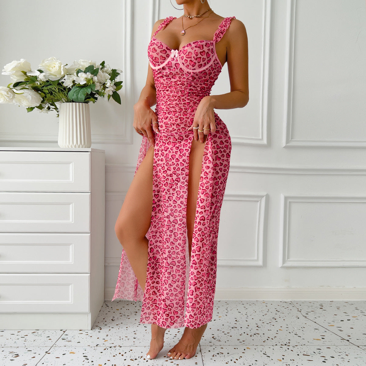 Sexy Home Suspender Skirt Pink Love Dress High Slit T Back Two Piece Set