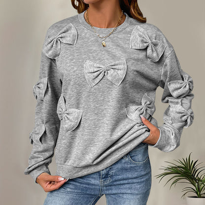 Casual Autumn Bow Stitching Gray round Collar Sweatshirt