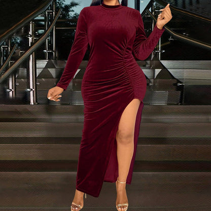 Plus Size Women Clothing Socialite Wine Red Dress Autumn Winter Evening Dress Midi