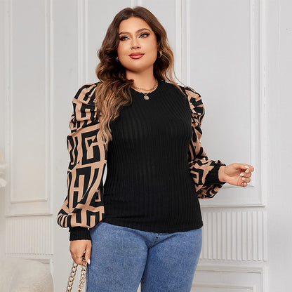 Plus Size Round Neck Slimming Shirt Personalized Printing Thread Knitted Vest Loose Long Sleeve Top