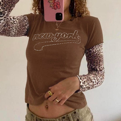 Leopard Splicing Faux Two Piece Top Street Slim Fit Long Sleeved T shirt Women