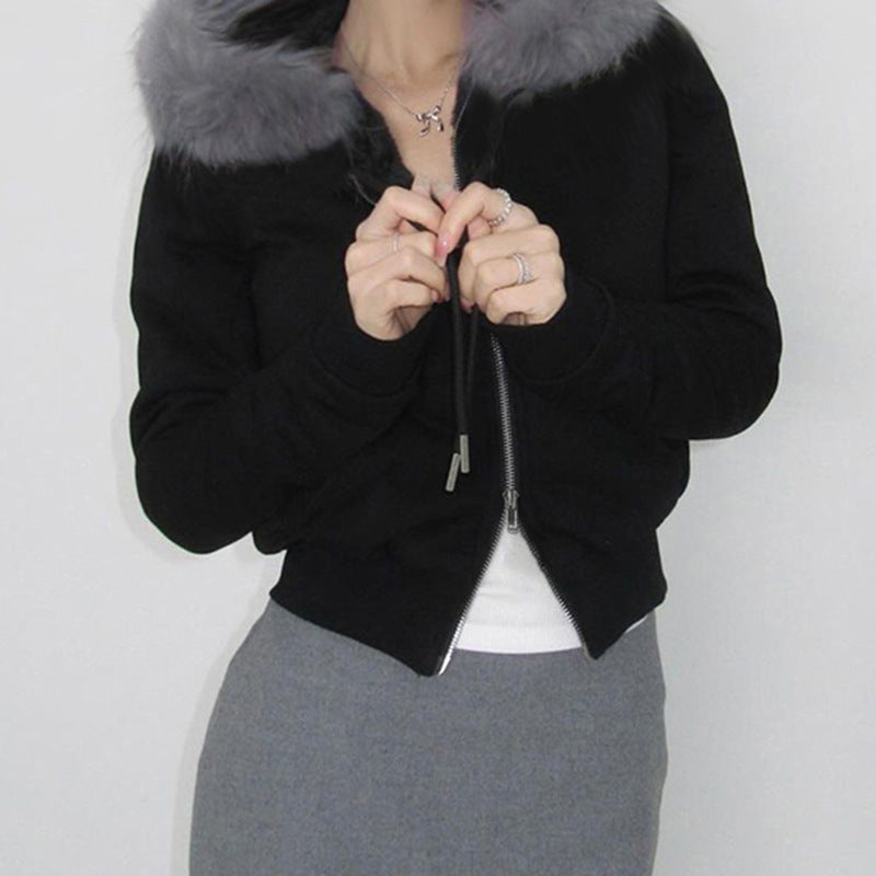 Retro Loose Solid Color with Fur Warm Double Headed Zipper Cardigan Sweatshirt Fall Winter Hooded Furry Splicing Coat