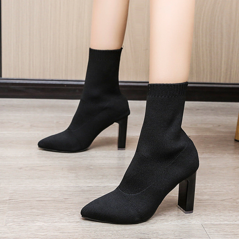 Pointed Flying Woven Stretch Thin Boots Women Fall High Heel Mid Calf Short Boots