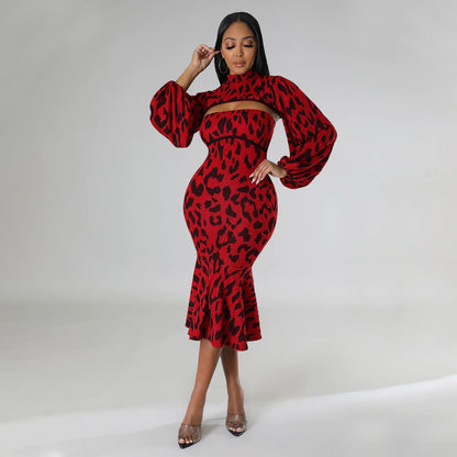 Women Clothing Autumn Lantern Sleeve Flounced Set Leopard Print Two Piece Set