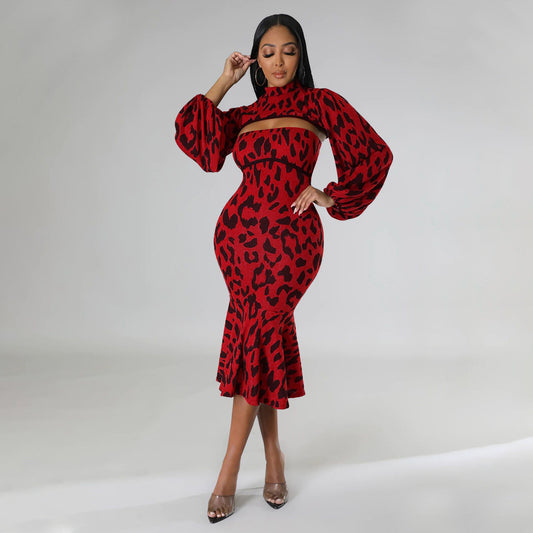 Women Clothing Autumn Lantern Sleeve Flounced Set Leopard Print Two Piece Set